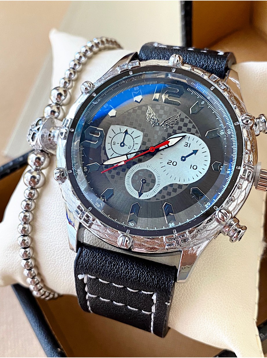 Ceas barbat negru cu bratara din piele ecologica si cadran cu argintiu