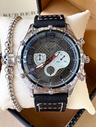 Ceas barbat negru cu bratara din piele ecologica si cadran cu argintiu