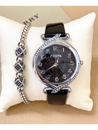 Ceas dama negru cu bratara din piele ecologica si cadran cu argintiu