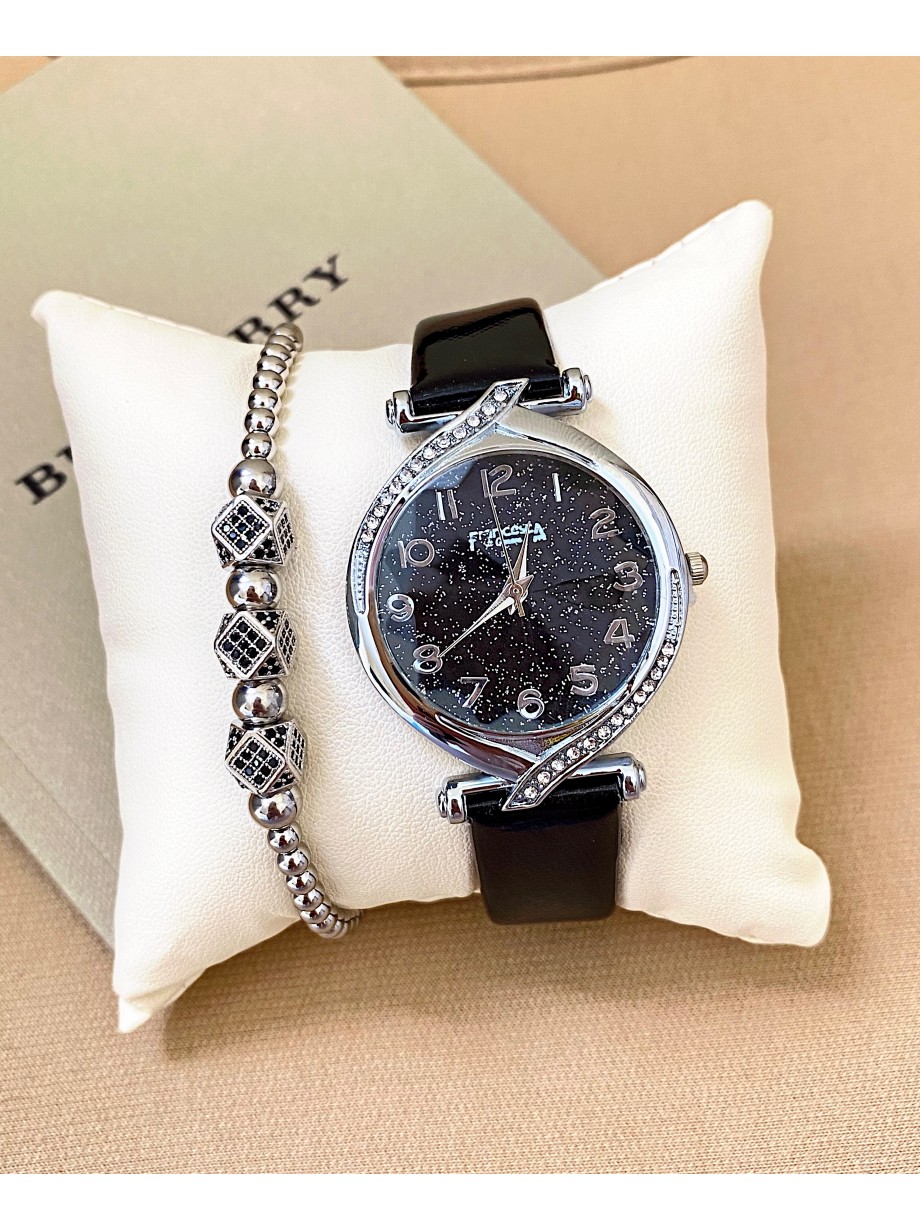 Ceas dama negru cu bratara din piele ecologica si cadran cu argintiu