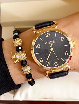 Ceas dama negru cu bratara din piele ecologica si cadran cu auriu