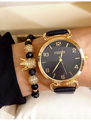 Ceas dama negru cu bratara din piele ecologica si cadran cu auriu