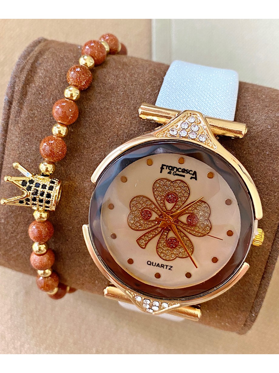 Ceas dama alb cu bratara din piele ecologica si cadran cu trifoi