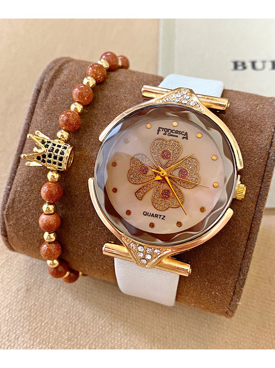 Ceas dama alb cu bratara din piele ecologica si cadran cu trifoi