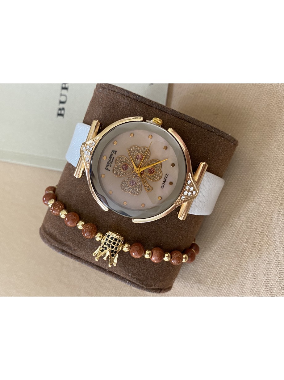 Ceas dama alb cu bratara din piele ecologica si cadran cu trifoi