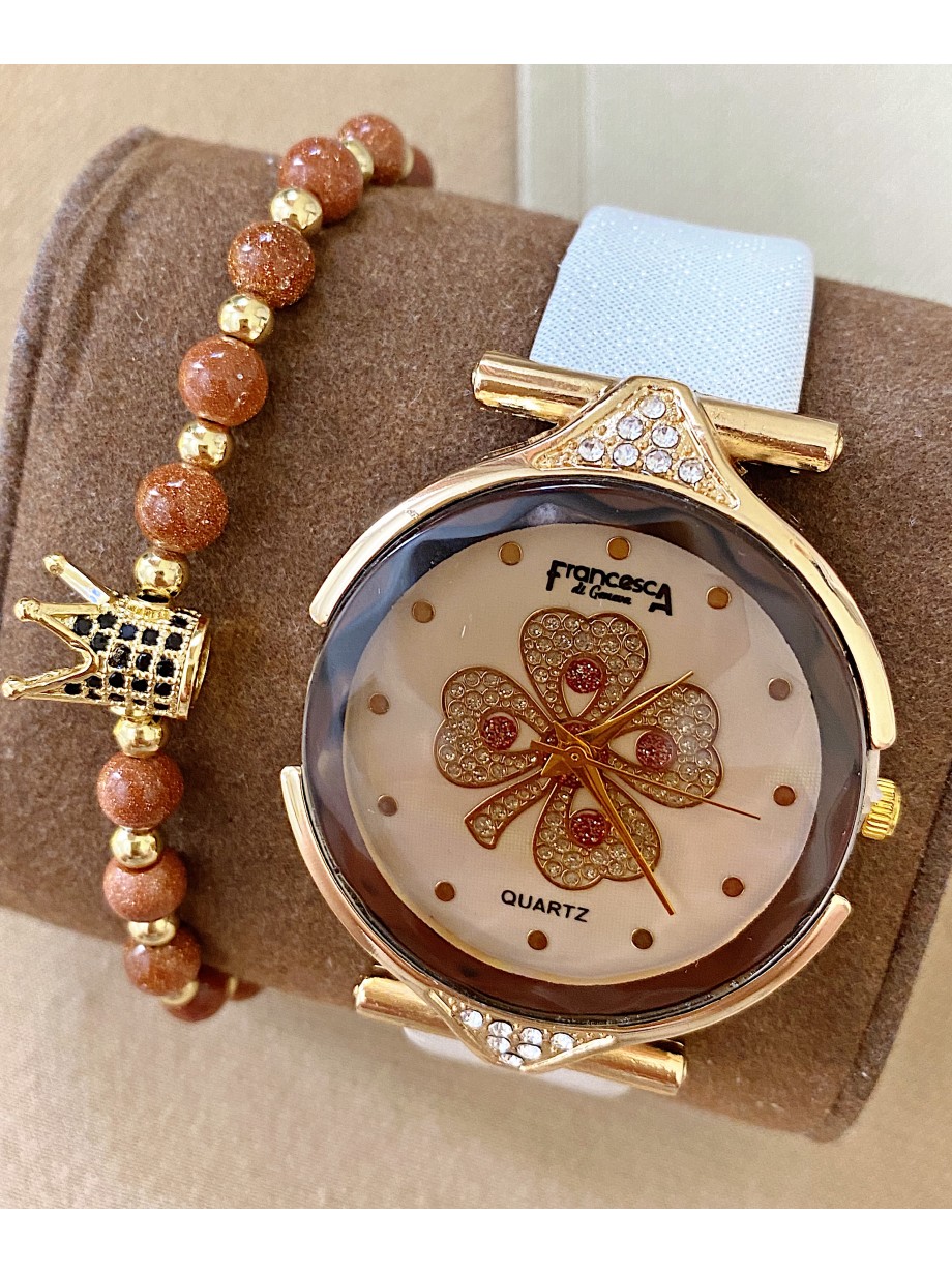 Ceas dama alb cu bratara din piele ecologica si cadran cu trifoi