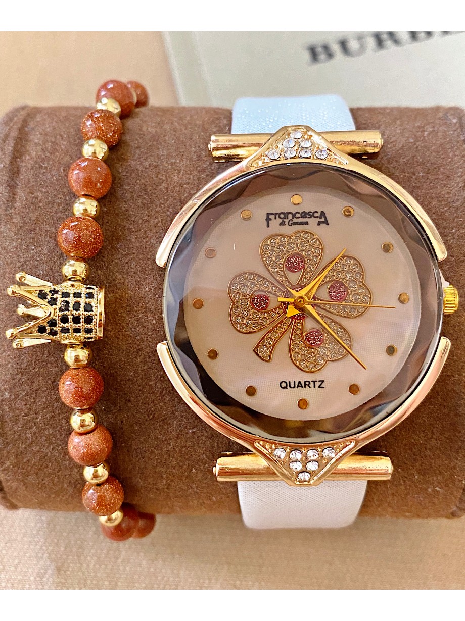 Ceas dama alb cu bratara din piele ecologica si cadran cu trifoi