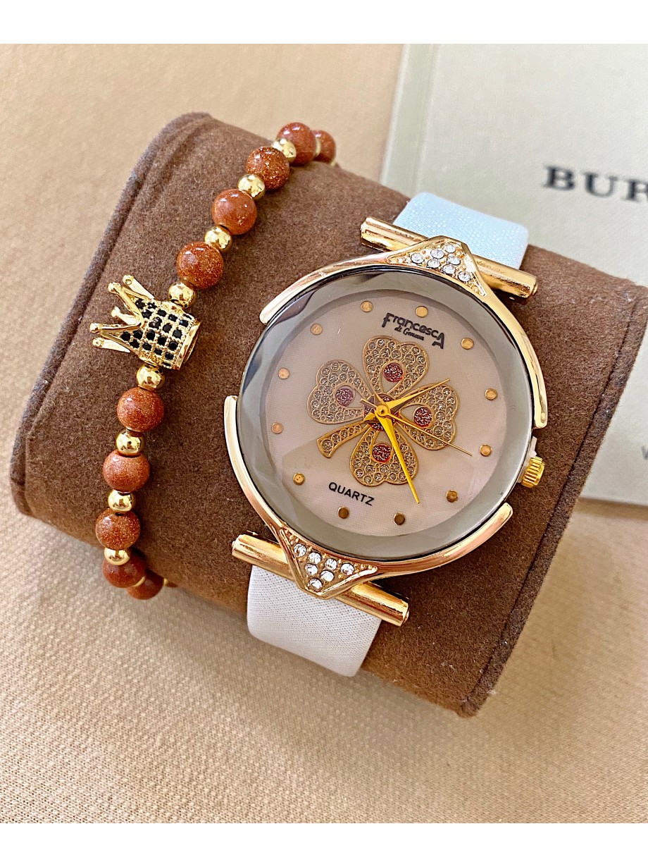 Ceas dama alb cu bratara din piele ecologica si cadran cu trifoi