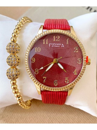 Ceas dama rosu cu bratara din piele ecologica si cadran cu cifre mici