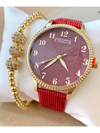 Ceas dama rosu cu bratara din piele ecologica si cadran cu cifre mici