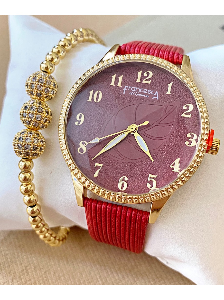 Ceas dama rosu cu bratara din piele ecologica si cadran cu cifre mici