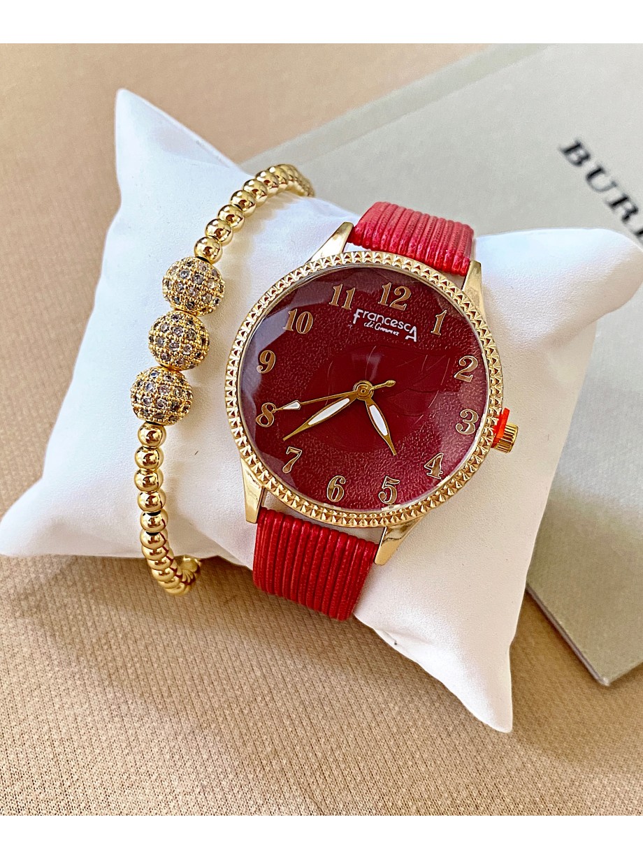 Ceas dama rosu cu bratara din piele ecologica si cadran cu cifre mici