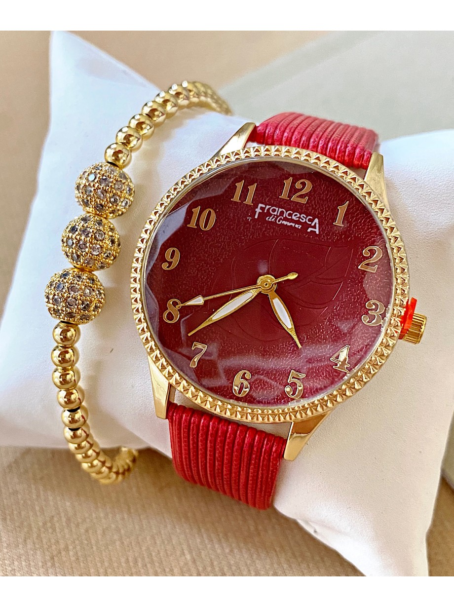 Ceas dama rosu cu bratara din piele ecologica si cadran cu cifre mici