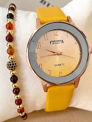 Ceas dama galben cu bratara din piele ecologica si cadran cu cifre mici