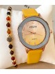 Ceas dama galben cu bratara din piele ecologica si cadran cu cifre mici