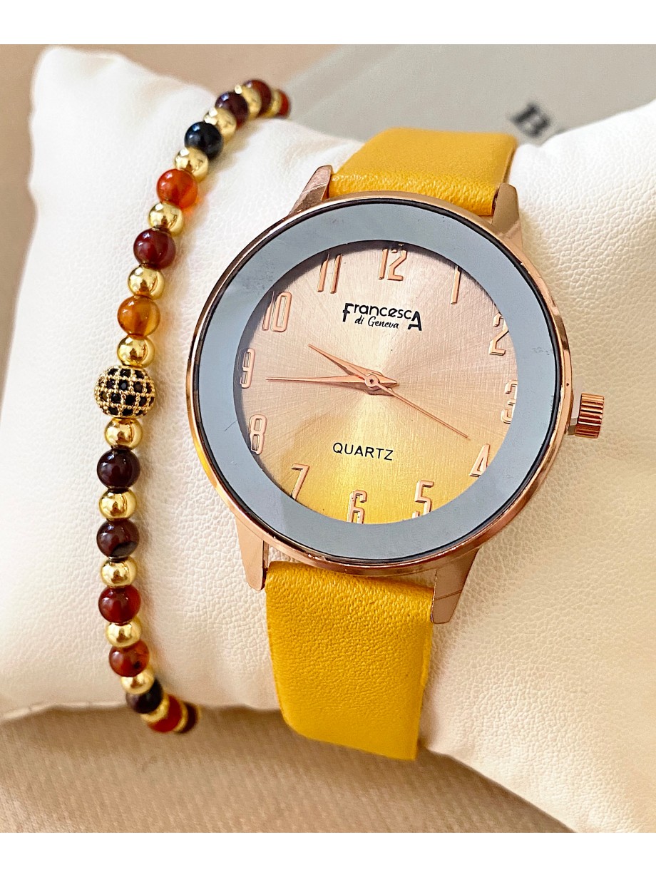 Ceas dama galben cu bratara din piele ecologica si cadran cu cifre mici