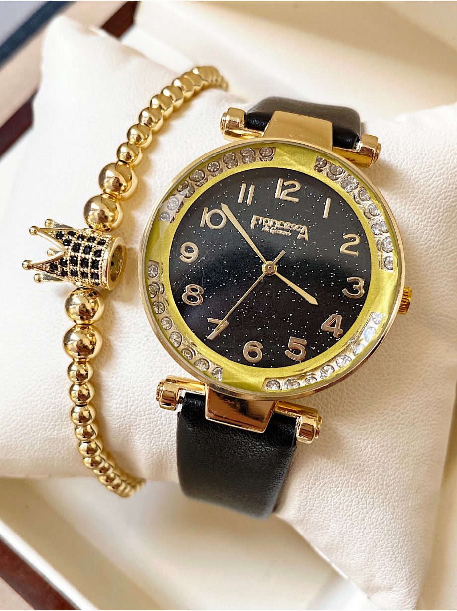 Ceas dama negru cu bratara din piele ecologica si cadran cu pietricele