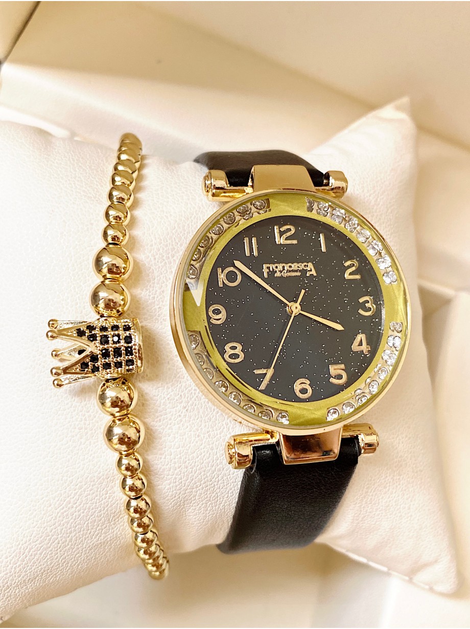 Ceas dama negru cu bratara din piele ecologica si cadran cu pietricele