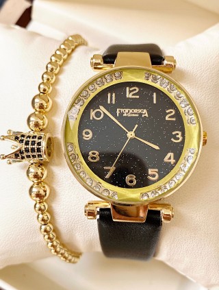 Ceas dama negru cu bratara din piele ecologica si cadran cu pietricele