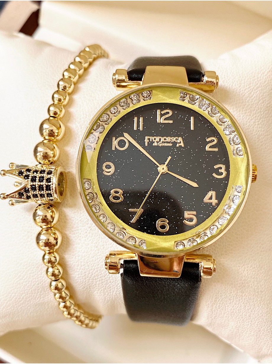 Ceas dama negru cu bratara din piele ecologica si cadran cu pietricele