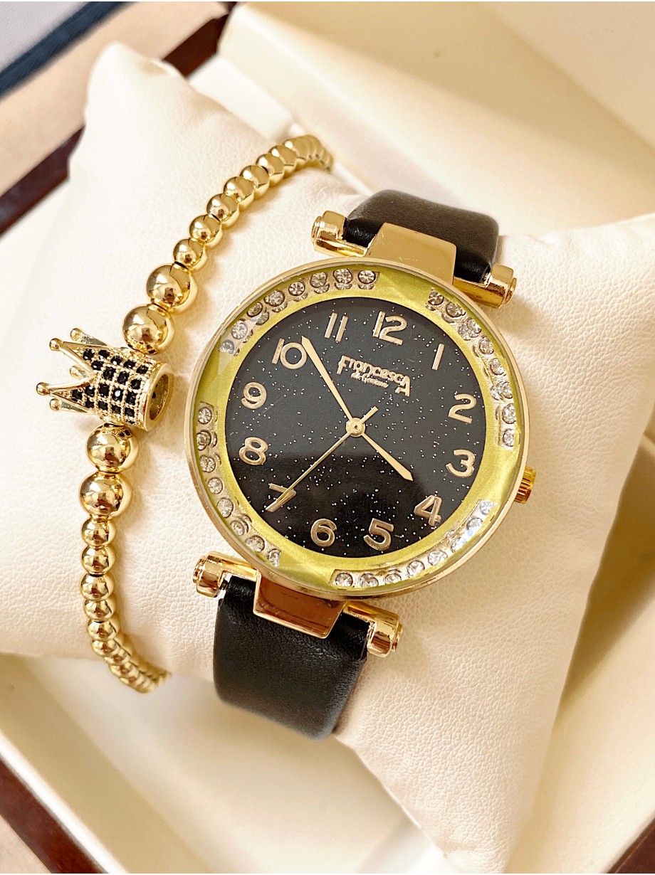 Ceas dama negru cu bratara din piele ecologica si cadran cu pietricele
