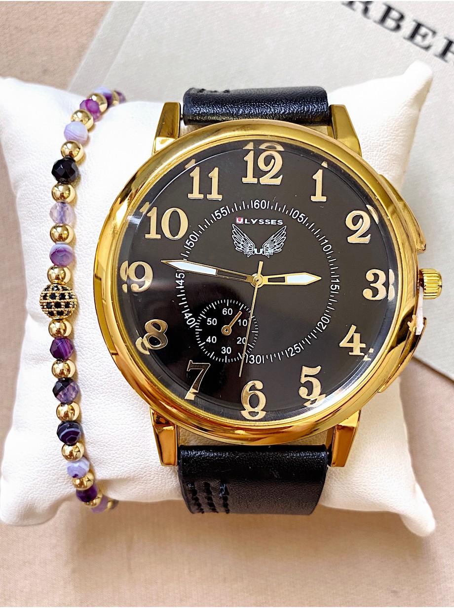 Ceas barbat negru cu bratara din piele ecologica si cadran cu cifre aurii