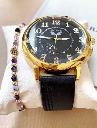 Ceas barbat negru cu bratara din piele ecologica si cadran cu cifre aurii