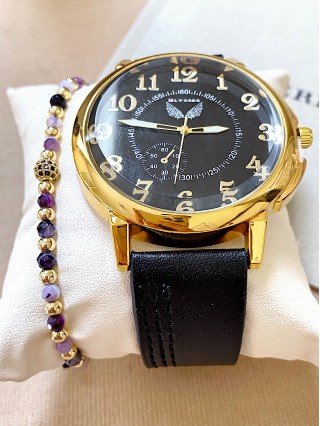 Ceas barbat negru cu bratara din piele ecologica si cadran cu cifre aurii