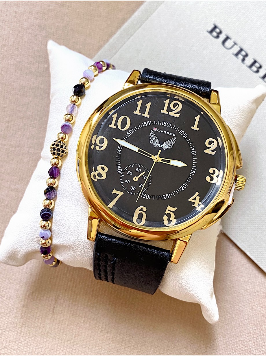 Ceas barbat negru cu bratara din piele ecologica si cadran cu cifre aurii