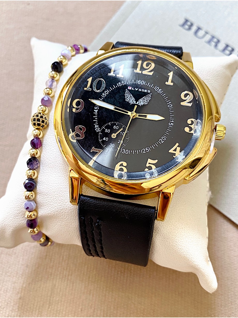 Ceas barbat negru cu bratara din piele ecologica si cadran cu cifre aurii