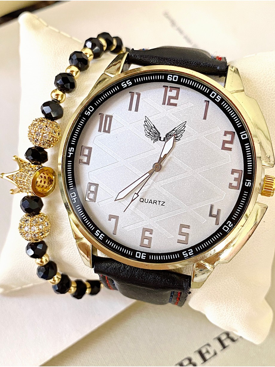 Ceas barbat negru cu bratara din piele ecologica si cadran alb