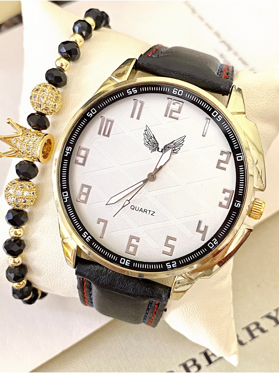 Ceas barbat negru cu bratara din piele ecologica si cadran alb