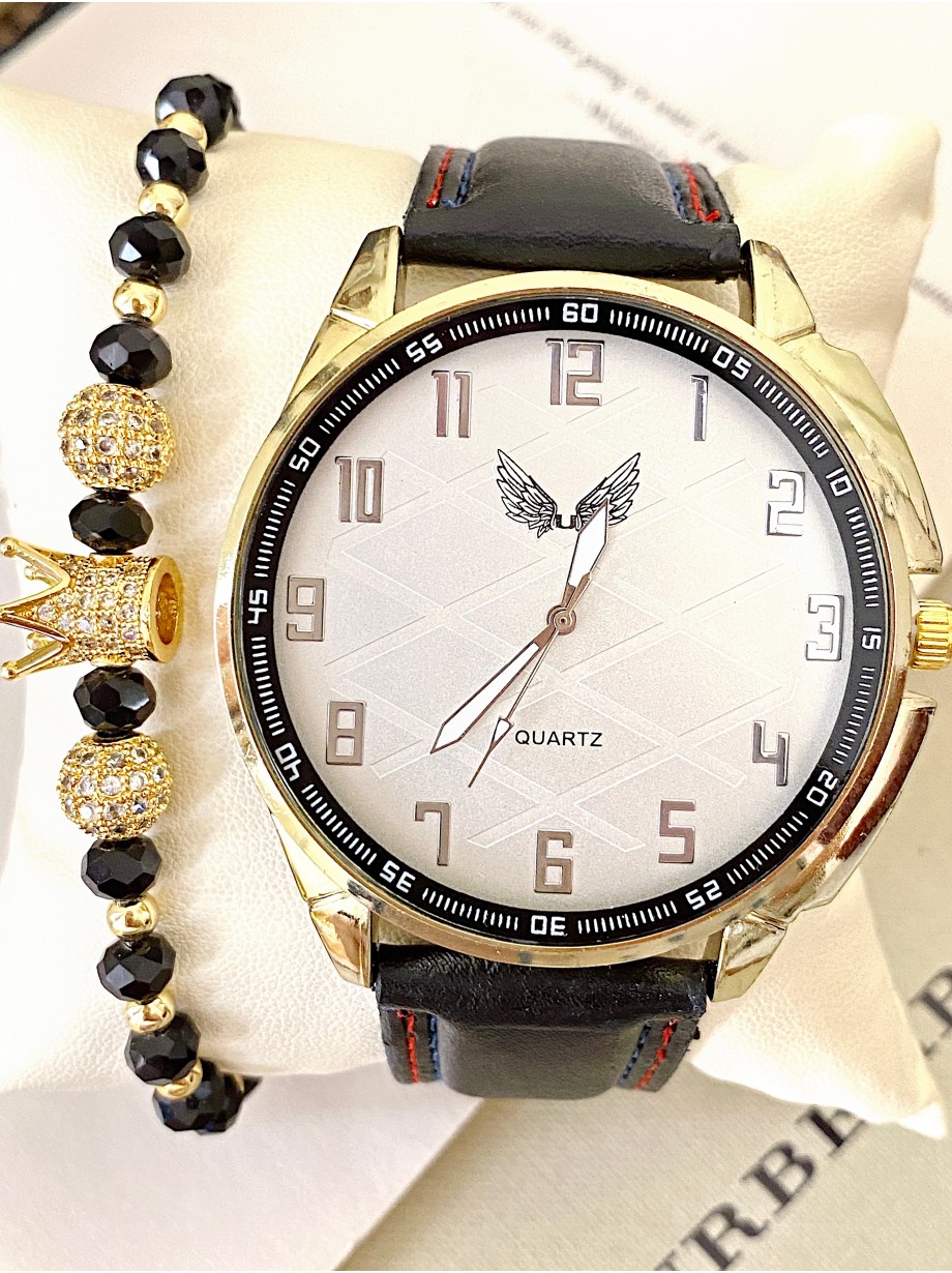 Ceas barbat negru cu bratara din piele ecologica si cadran alb