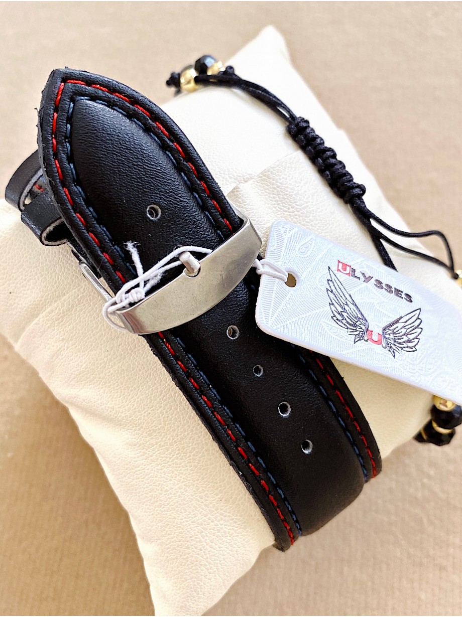 Ceas barbat negru cu bratara din piele ecologica si cadran alb