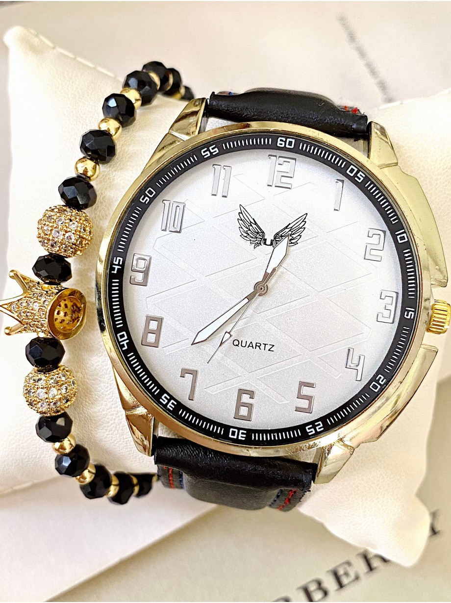 Ceas barbat negru cu bratara din piele ecologica si cadran alb