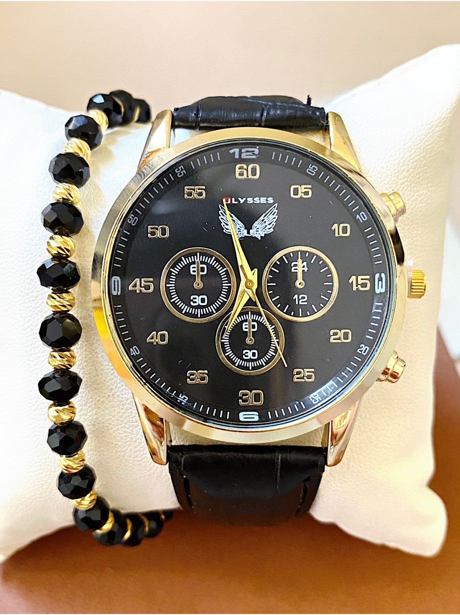 Ceas barbat negru cu bratara din piele ecologica si cadran negru