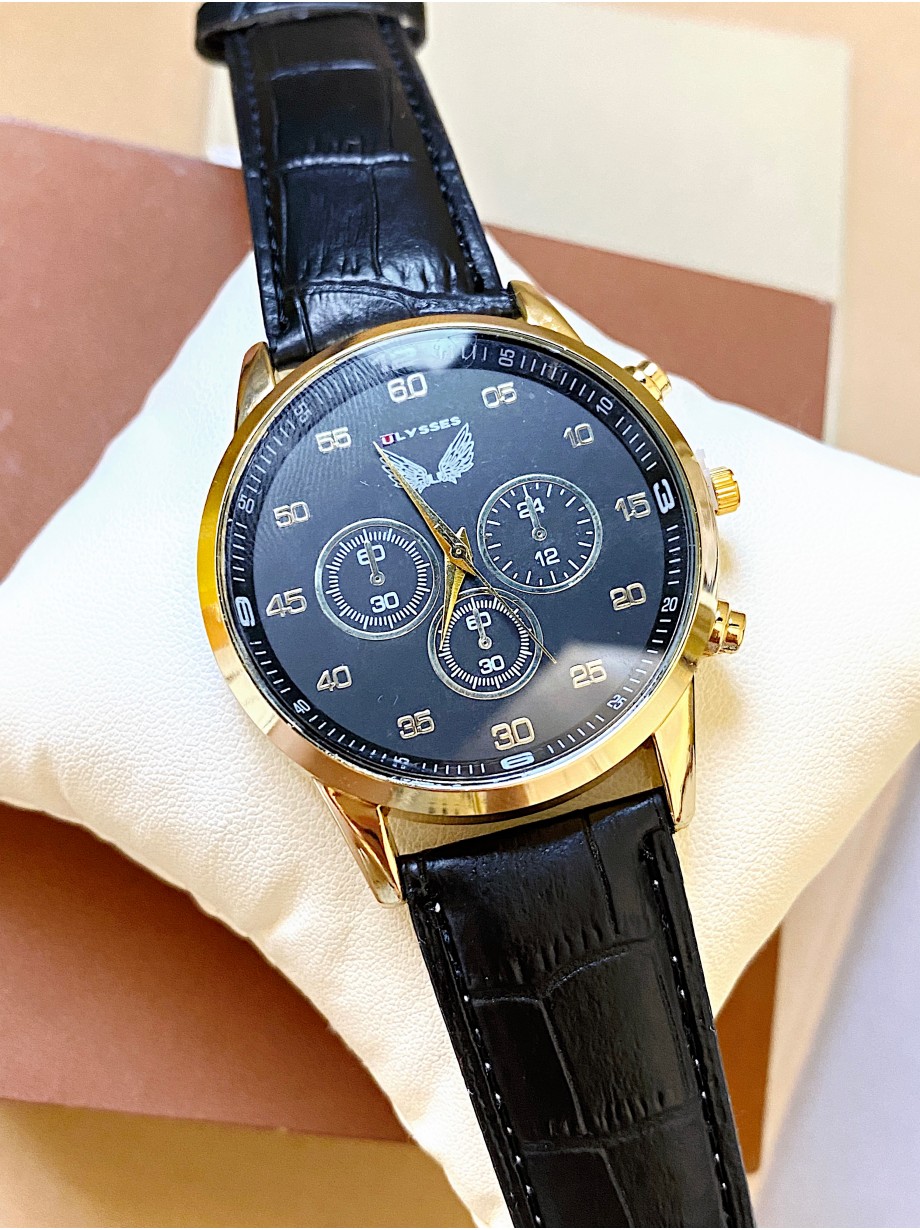 Ceas barbat negru cu bratara din piele ecologica si cadran negru