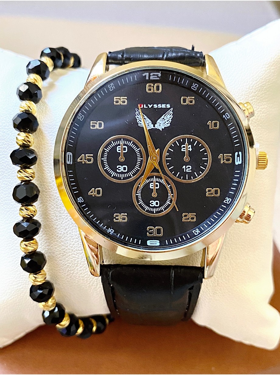 Ceas barbat negru cu bratara din piele ecologica si cadran negru