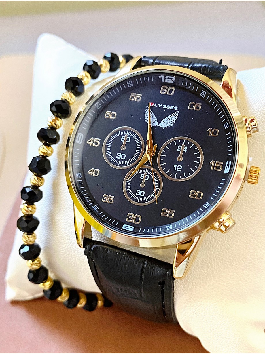 Ceas barbat negru cu bratara din piele ecologica si cadran negru