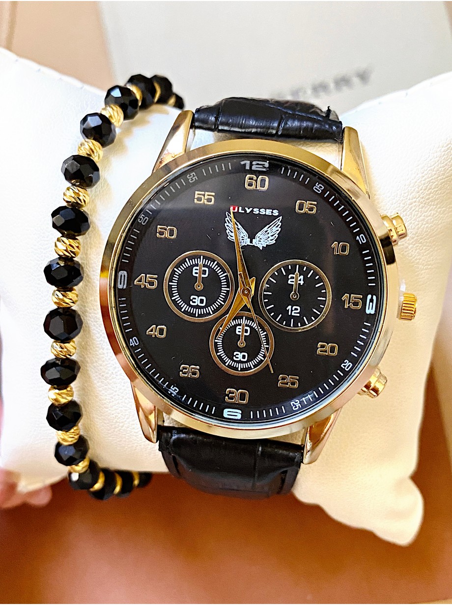 Ceas barbat negru cu bratara din piele ecologica si cadran negru