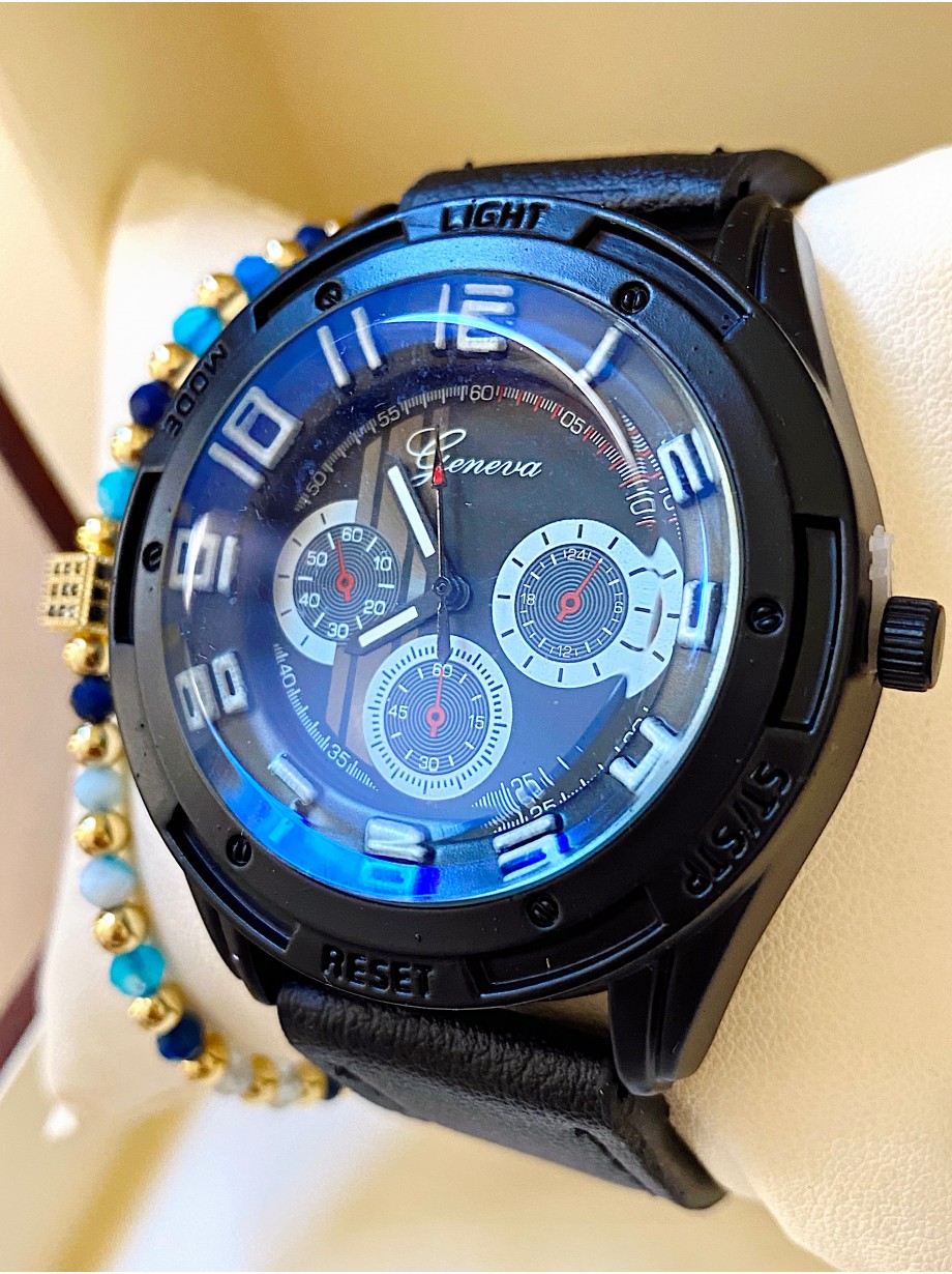 Ceas barbat negru cu bratara din piele ecologica si cadran mare