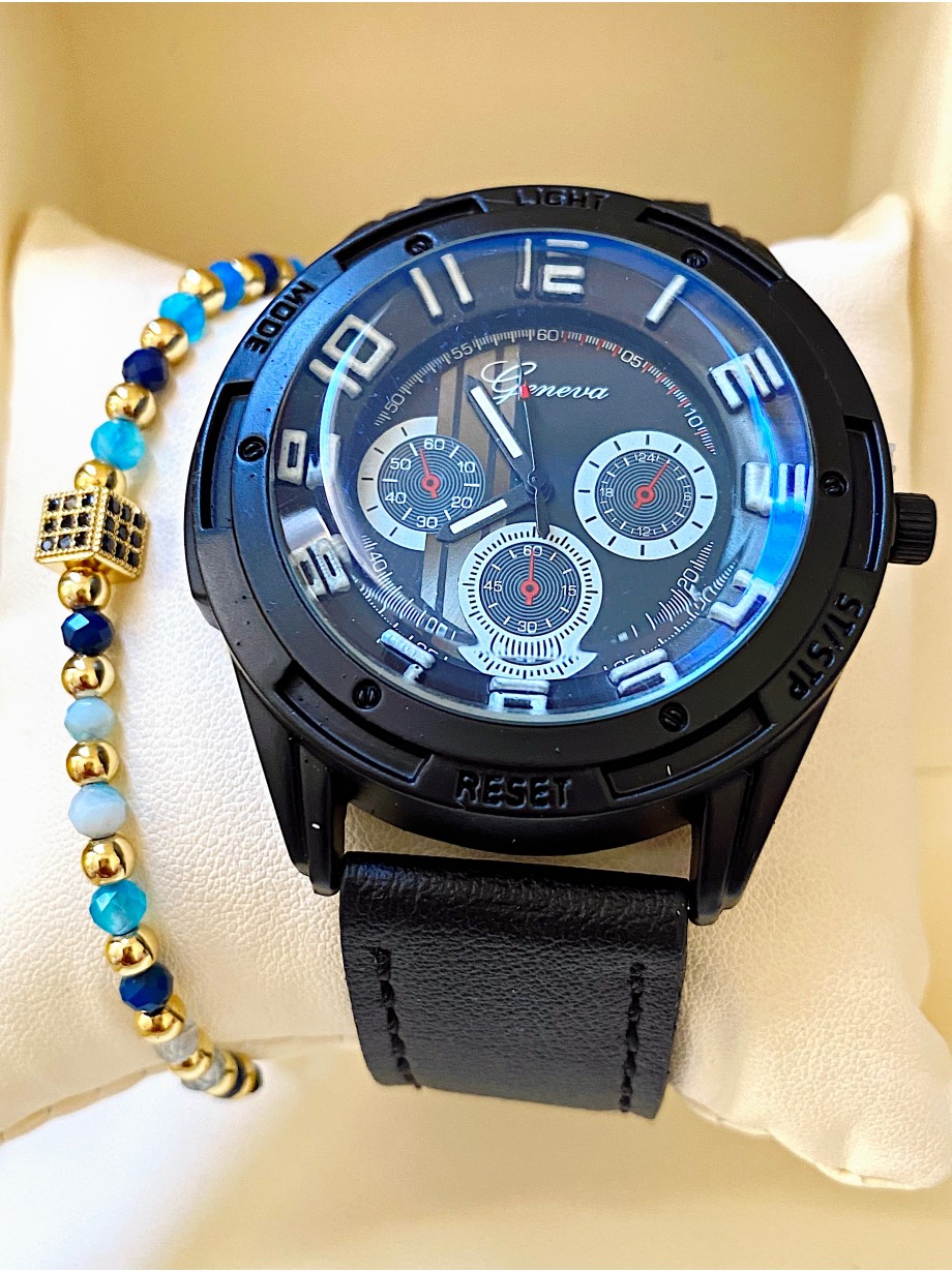 Ceas barbat negru cu bratara din piele ecologica si cadran mare