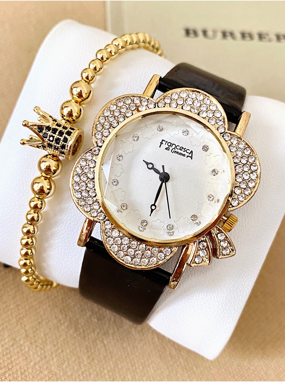 Ceas dama negru cu bratara din piele ecologica si cadran floare