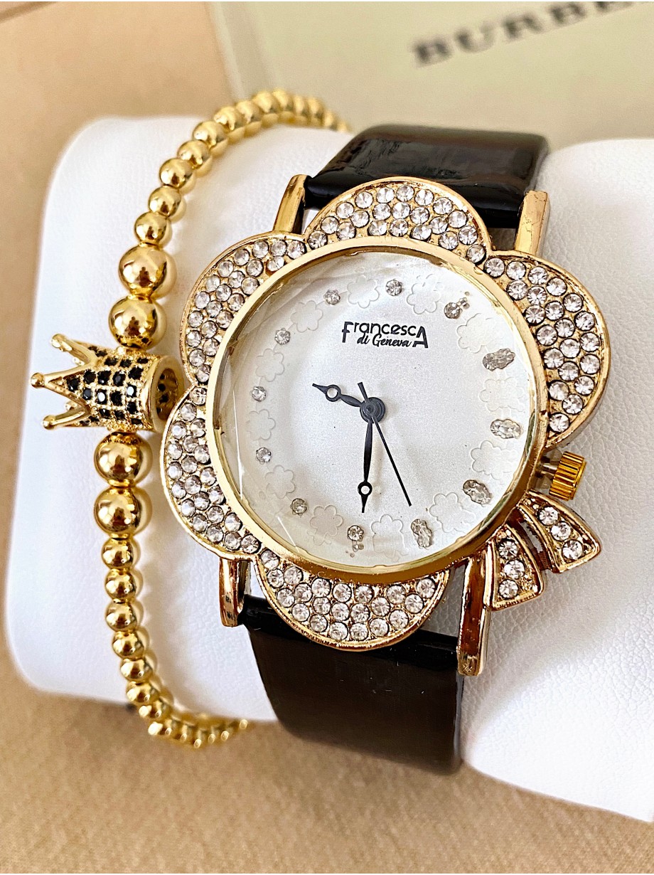 Ceas dama negru cu bratara din piele ecologica si cadran floare