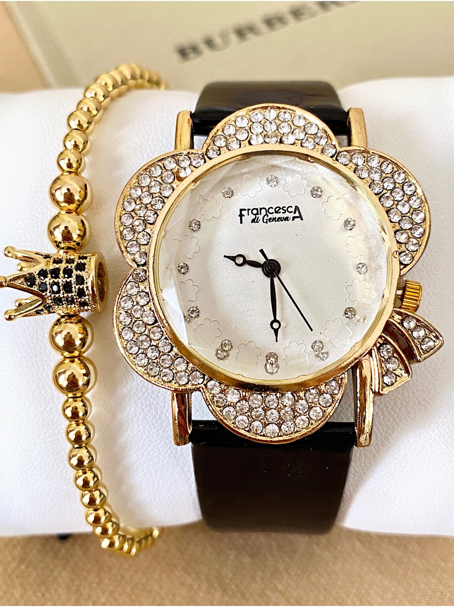 Ceas dama negru cu bratara din piele ecologica si cadran floare