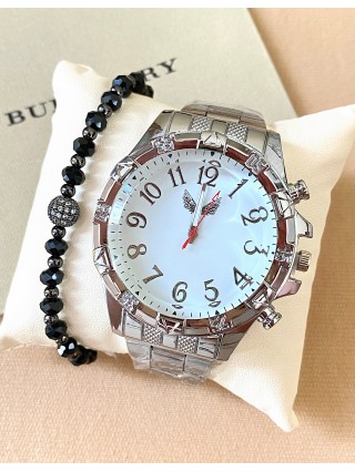 Ceas barbati argintiu cu bratara metalica si cadran alb