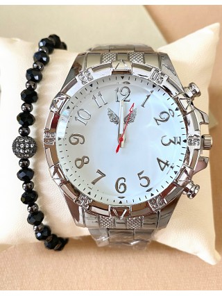 Ceas barbati argintiu cu bratara metalica si cadran alb