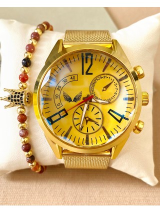 Ceas barbati auriu cu bratara metalica si cadran galben