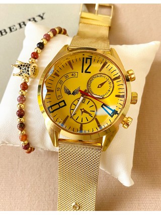 Ceas barbati auriu cu bratara metalica si cadran galben