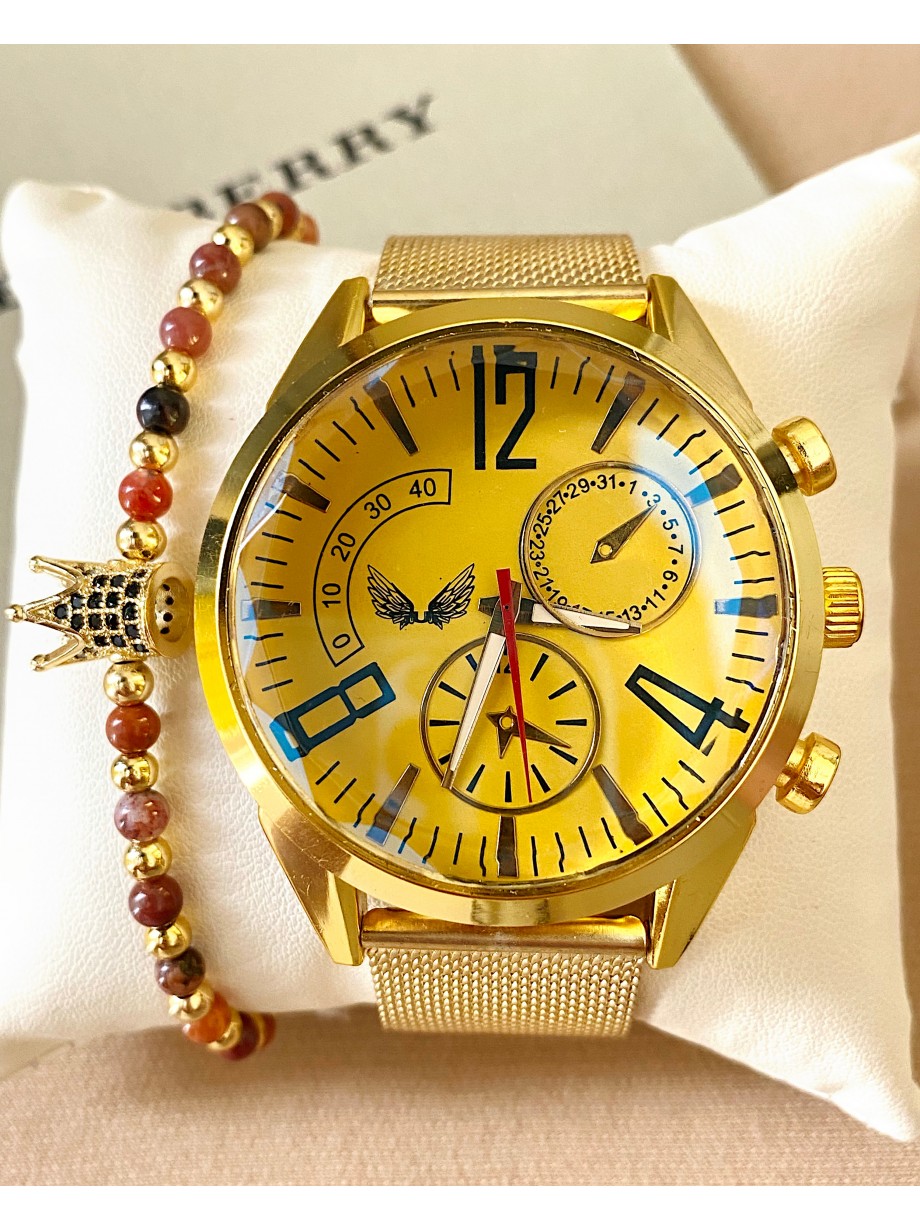 Ceas barbati auriu cu bratara metalica si cadran galben